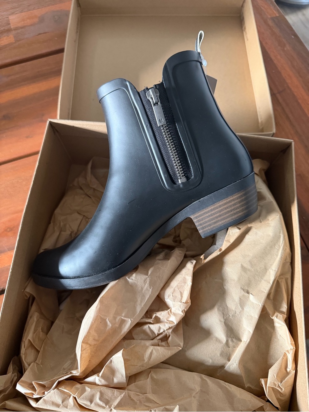 Lucky Brand Black Matte Ankle Rain Boots with Stacked Heel